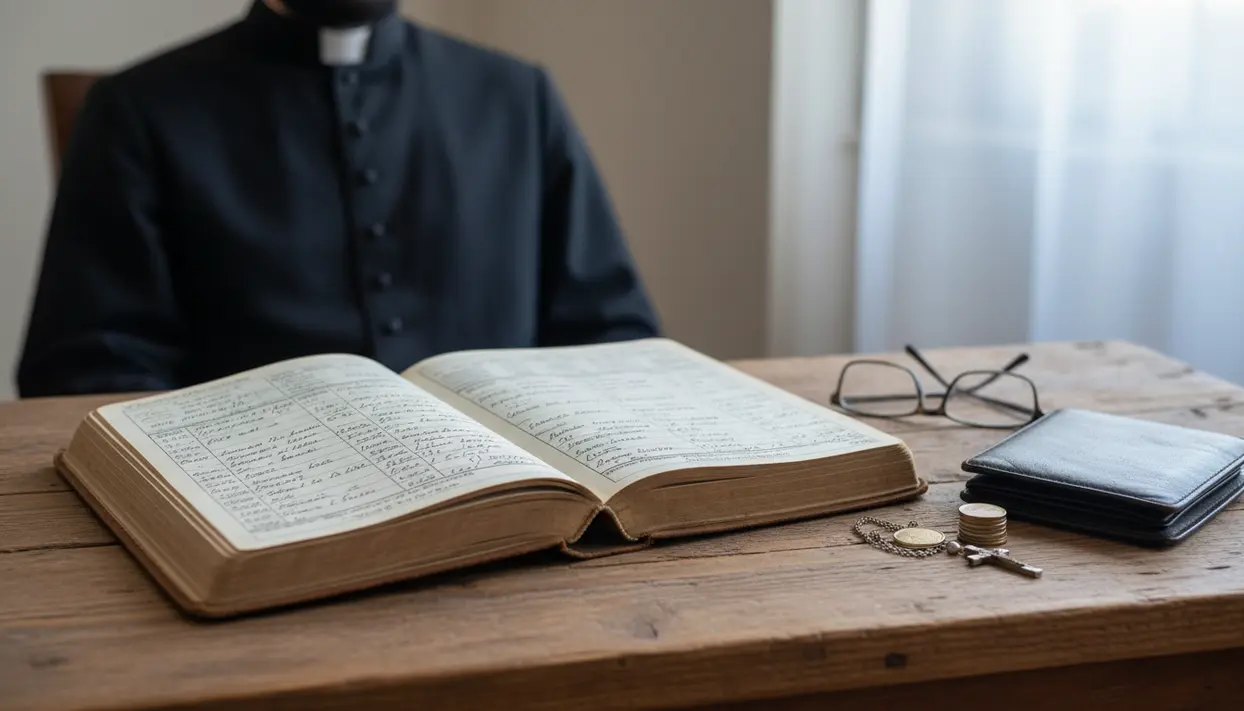 Sacerdote seduto a un tavolo con registro aperto, portafoglio, monete e occhiali, tema stipendio mensile del prete