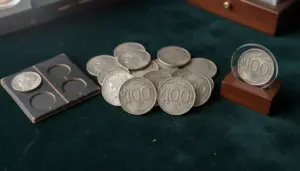 Monete da 100 lire Italia Turrita su panno verde, con custodie e una moneta esposta in supporto di legno