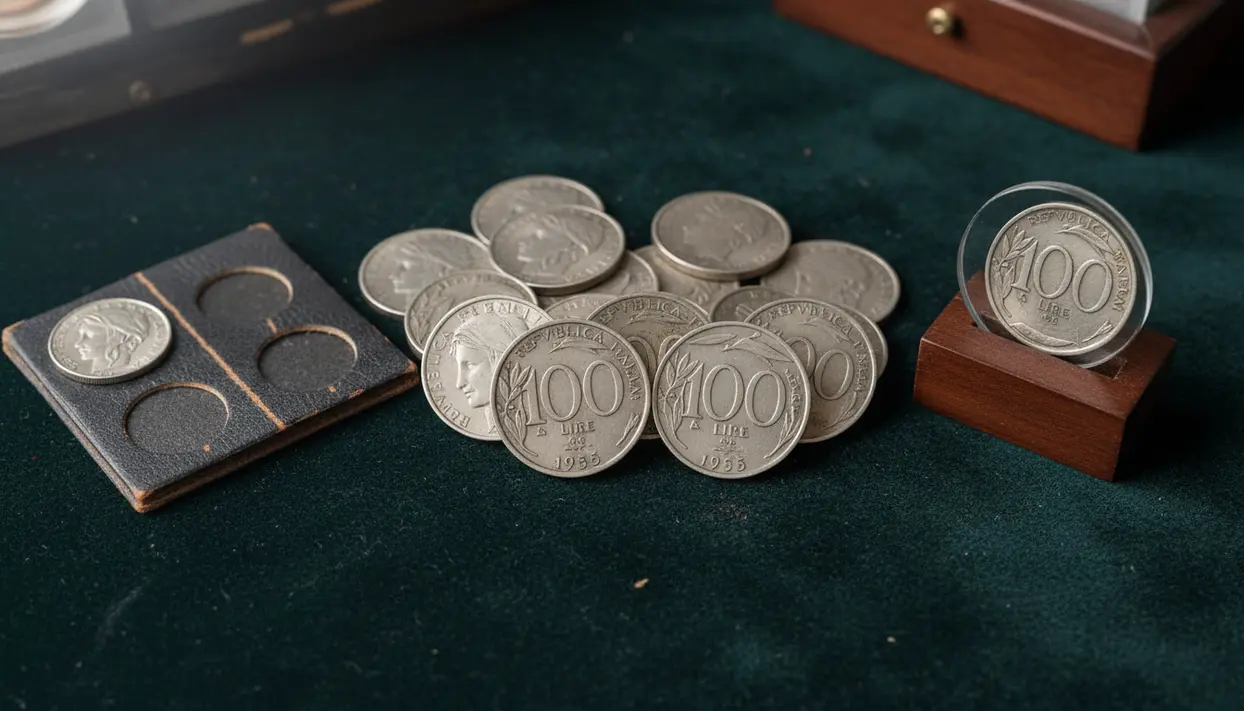 Monete da 100 lire Italia Turrita su panno verde, con custodie e una moneta esposta in supporto di legno
