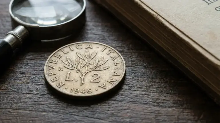 Moneta da 2 lire del 1946 su tavolo in legno con lente d’ingrandimento e libro sullo sfondo