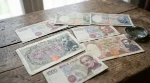 Vecchie banconote in lire italiane su un tavolo di legno con lente d’ingrandimento per verificarne autenticità e valore