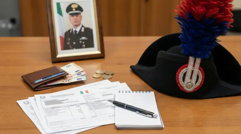 Cappello dei carabinieri su una scrivania con buste paga, banconote in euro e taccuino