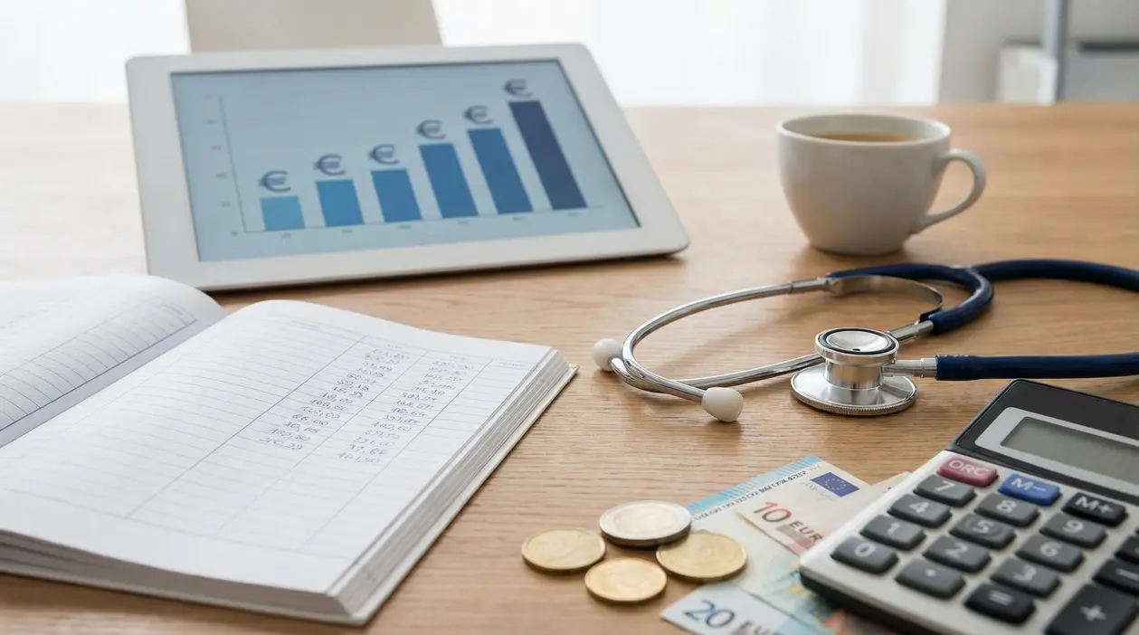 Scrivania con stetoscopio, calcolatrice, banconote in euro e tablet con grafico, tema guadagno medico di base
