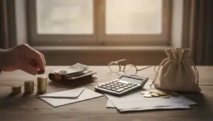 Mano che impila monete accanto a portafoglio, calcolatrice e documenti su un tavolo, in contesto di pensione minima