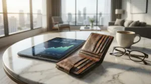 Portafoglio in pelle e tablet con grafico finanziario su tavolo in marmo, in soggiorno moderno con vista città