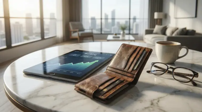 Portafoglio in pelle e tablet con grafico finanziario su tavolo in marmo, in soggiorno moderno con vista città