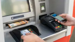 Persona preleva contanti da un bancomat e usa lo smartphone su un POS contactless