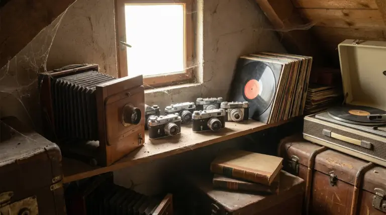 Oggetti vintage in soffitta: fotocamere d’epoca, macchina fotografica a soffietto, dischi in vinile e giradischi