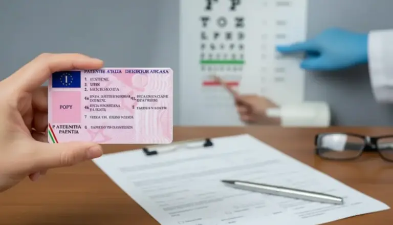 Persona che mostra una patente mentre un medico indica una tabella per il controllo della vista, in visita per rinnovo patente